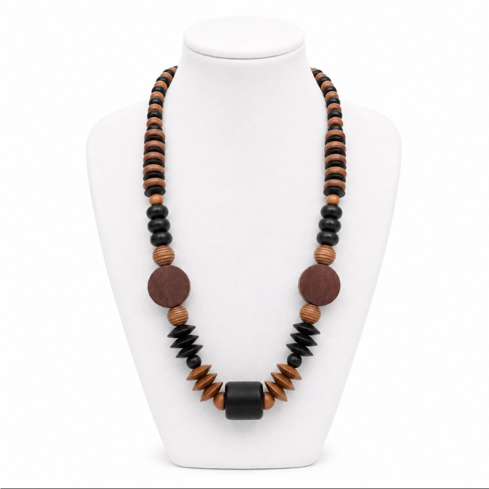 Boho Black & Brown Wood Beaded Statement Necklace – Chunky Geometric Design
